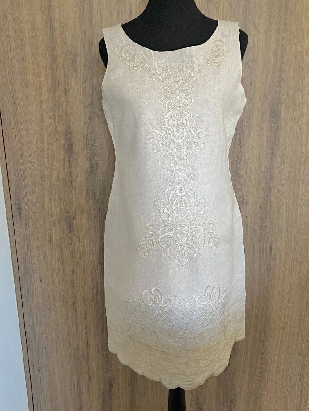 Ecru Linen Embroidered Midi Tank Dress
